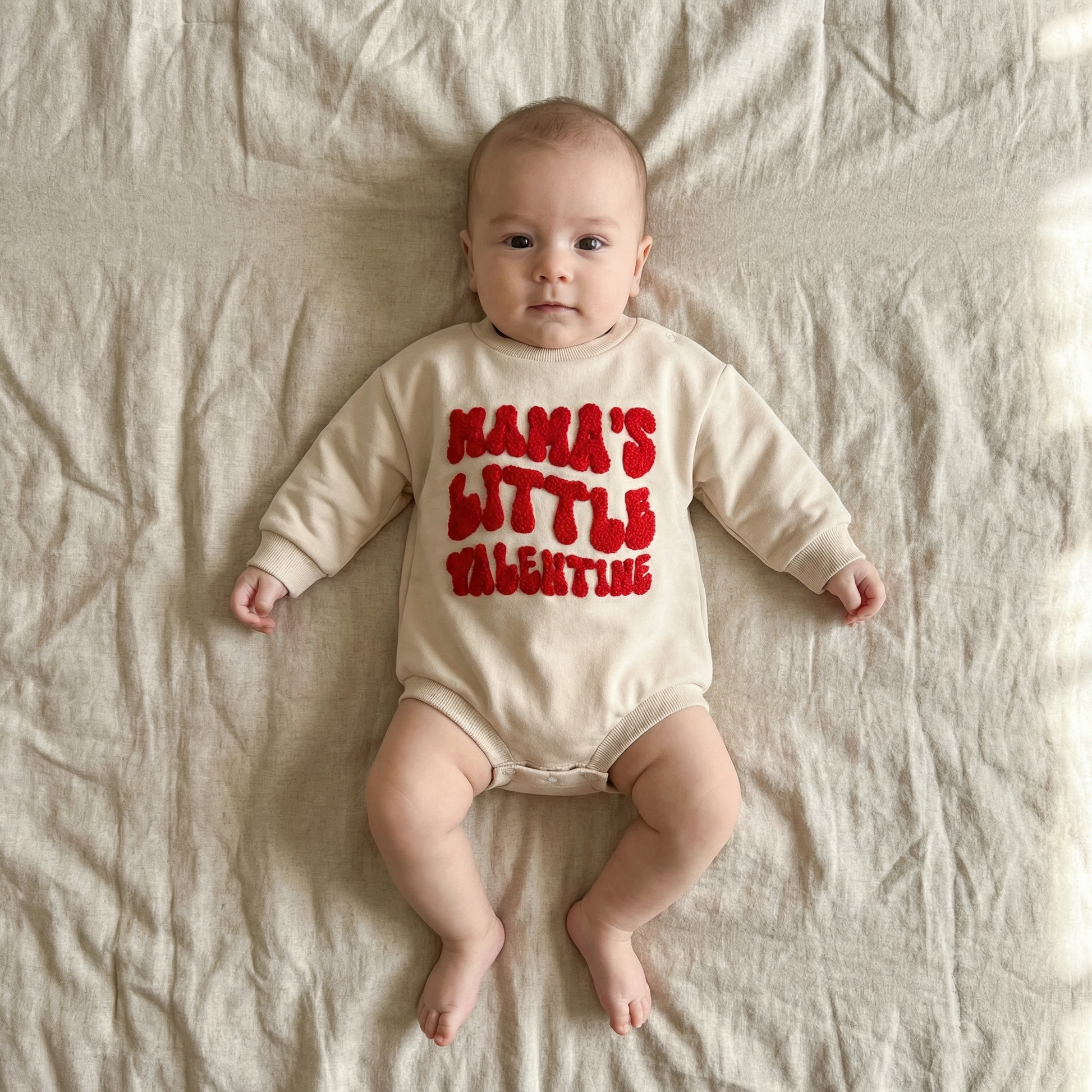 Baby wearing a onesie with 'Mama's Little Valentine' text on a beige blanket