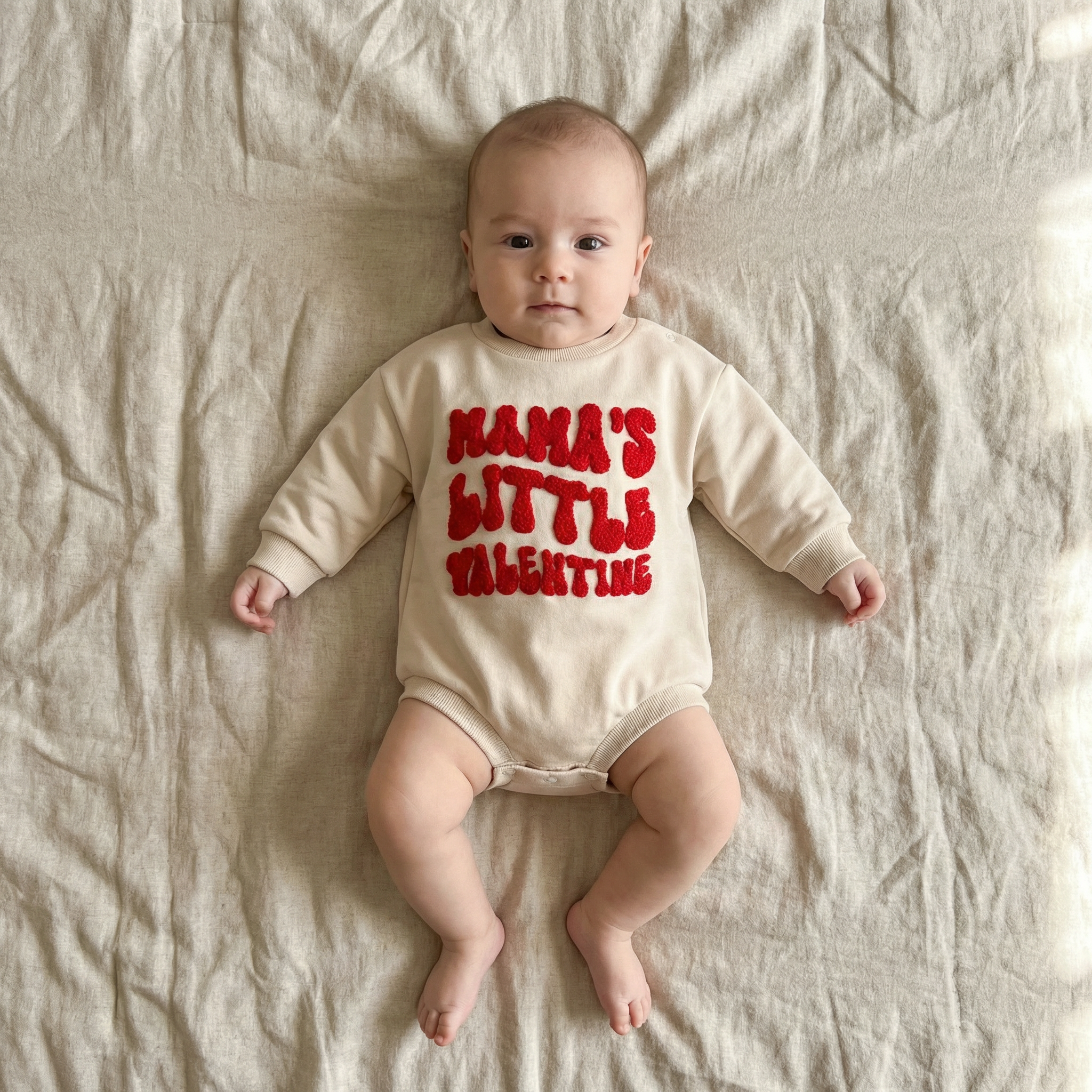 Baby wearing a onesie with 'Mama's Little Valentine' text on a beige blanket