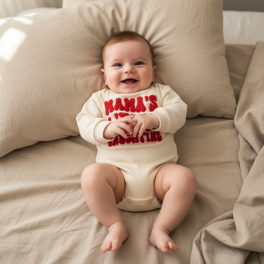 Baby wearing a white onesie with red text, sitting on a beige couch.
