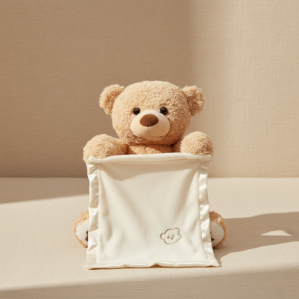 Teddy bear peeking out from a white bag on a beige surface with a beige background
