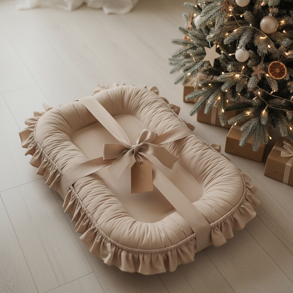 Beige baby crib with ruffles and a bow, Christmas tree with decorations in the background