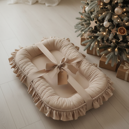 Beige baby crib with ruffles and a bow, Christmas tree with decorations in the background