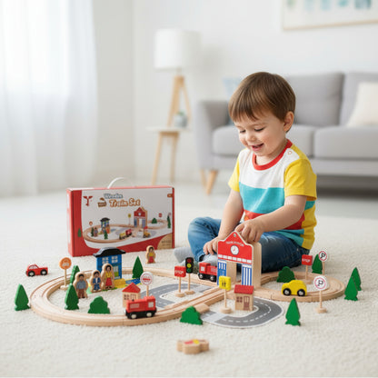 Child playing with a wooden train set in a living room