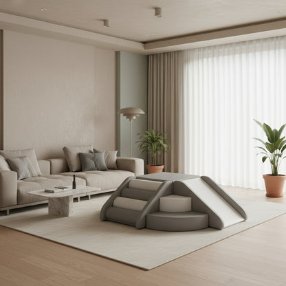 Modern living room with a unique gray sofa and a rug.