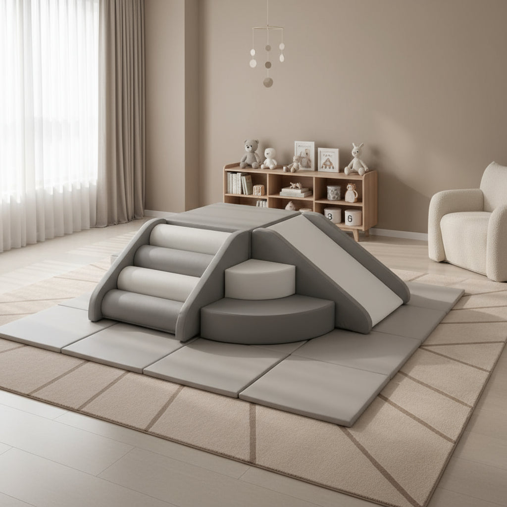 Children's play area with inflatable slide and foam mats in a room.