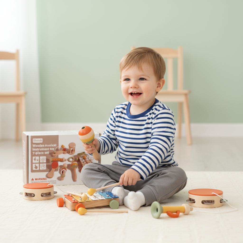 Child playing with wooden toys on a light-colored floor.