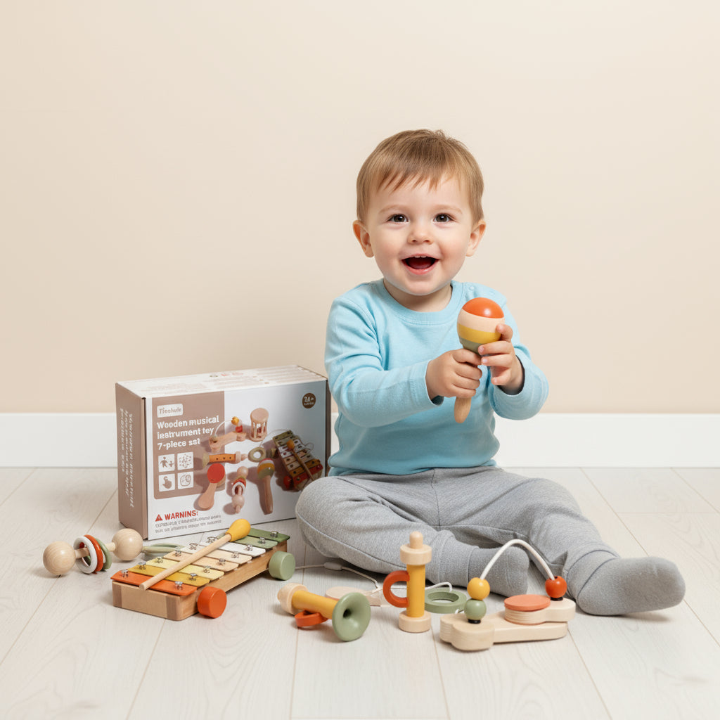 Child playing with wooden toys on a light-colored floor