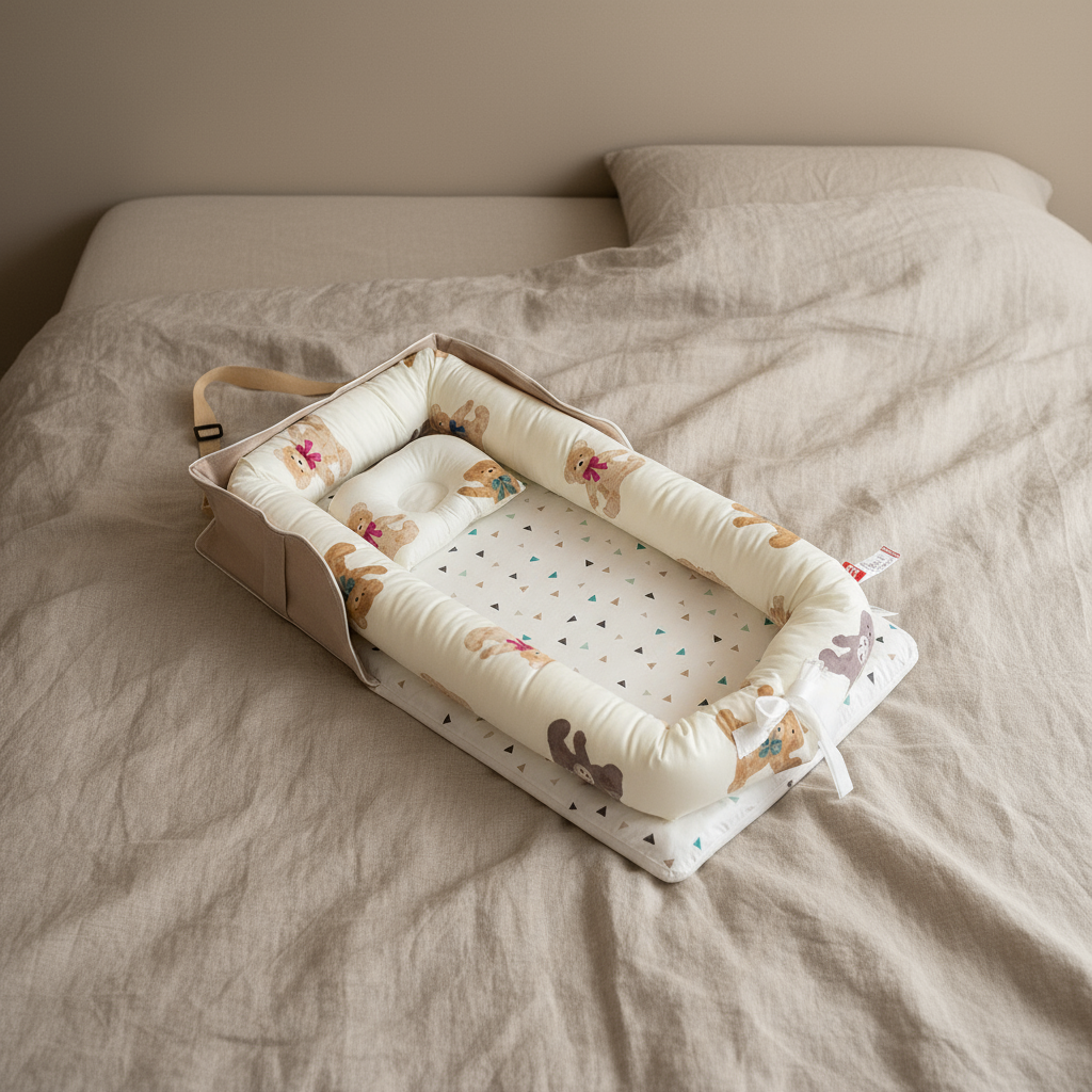 Baby crib with floral and animal pattern on a beige bed