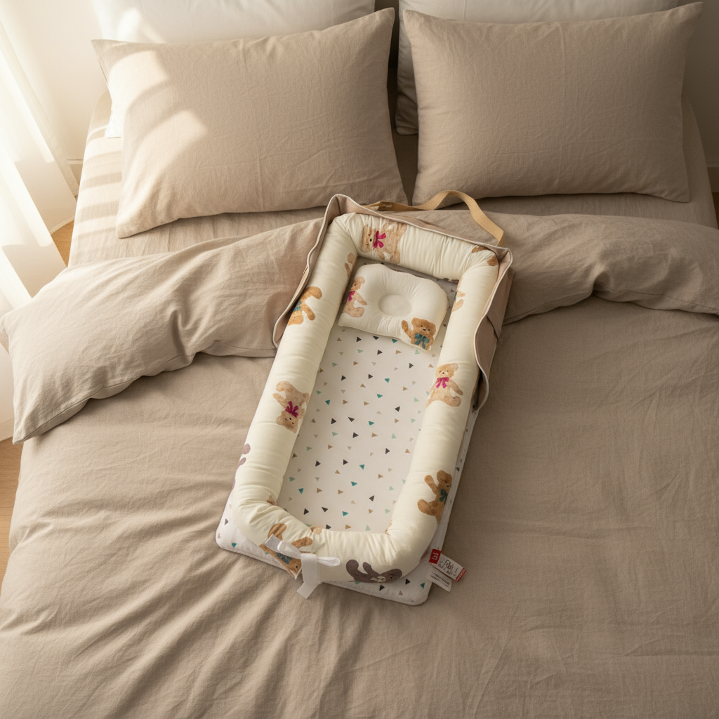 Baby crib bumper on a bed with beige bedding and pillows
