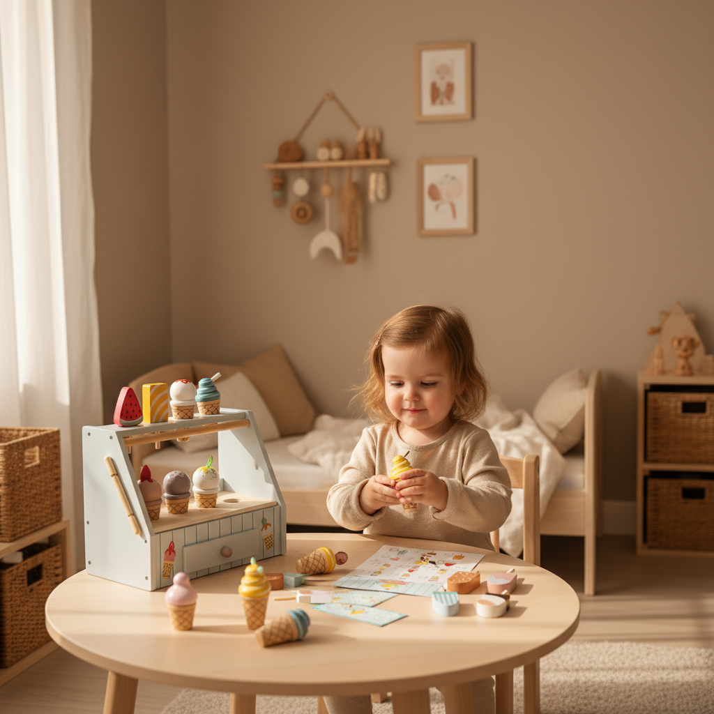 Child playing with toy ice cream cones on a wooden table in a cozy room.