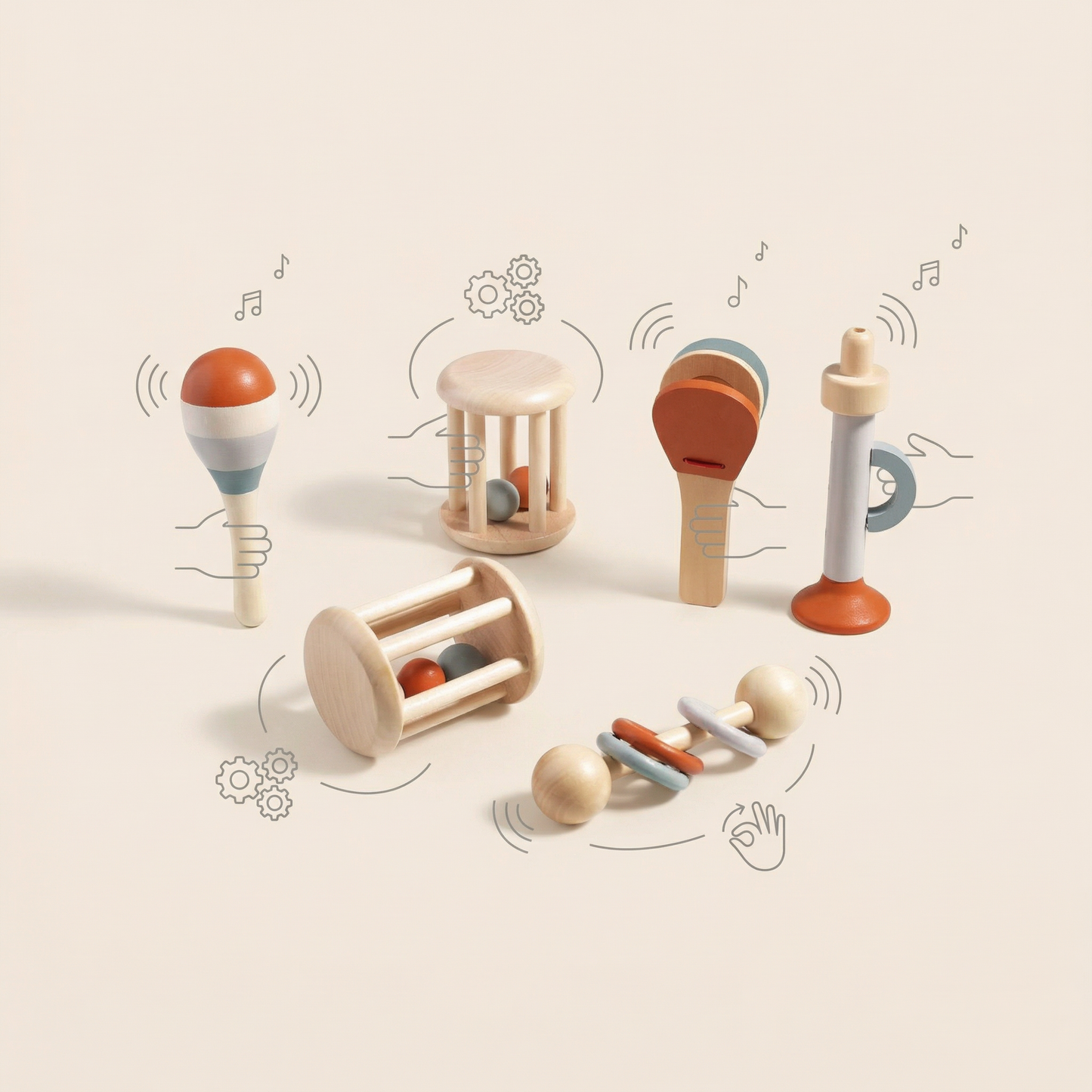 Wooden Rattle Set 5-piece baby toys by PerfectBaby™