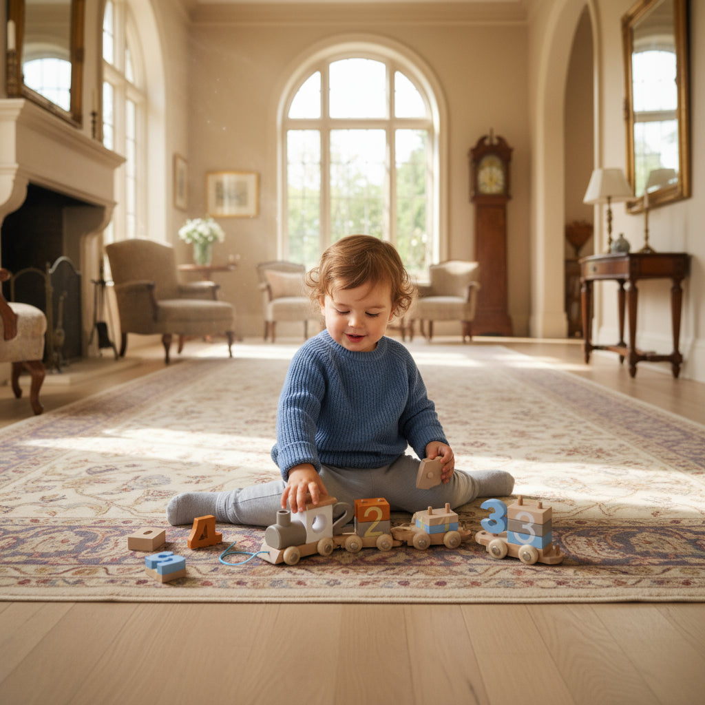 Child playing with wooden toys in a spacious room with high ceilings and large windows.