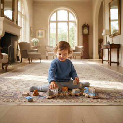 Child playing with wooden toys in a spacious room with high ceilings and large windows.