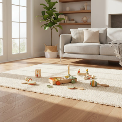 Modern living room with a rug, toys, and a plant