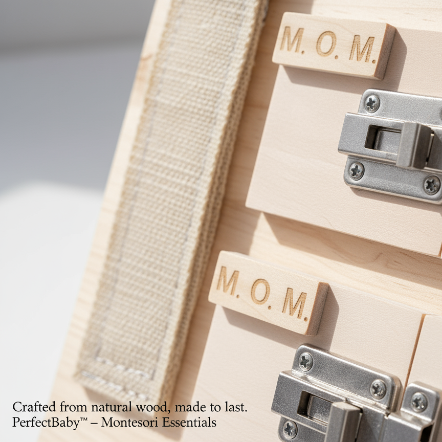 Wooden baby busy board with metal latches on a light background.