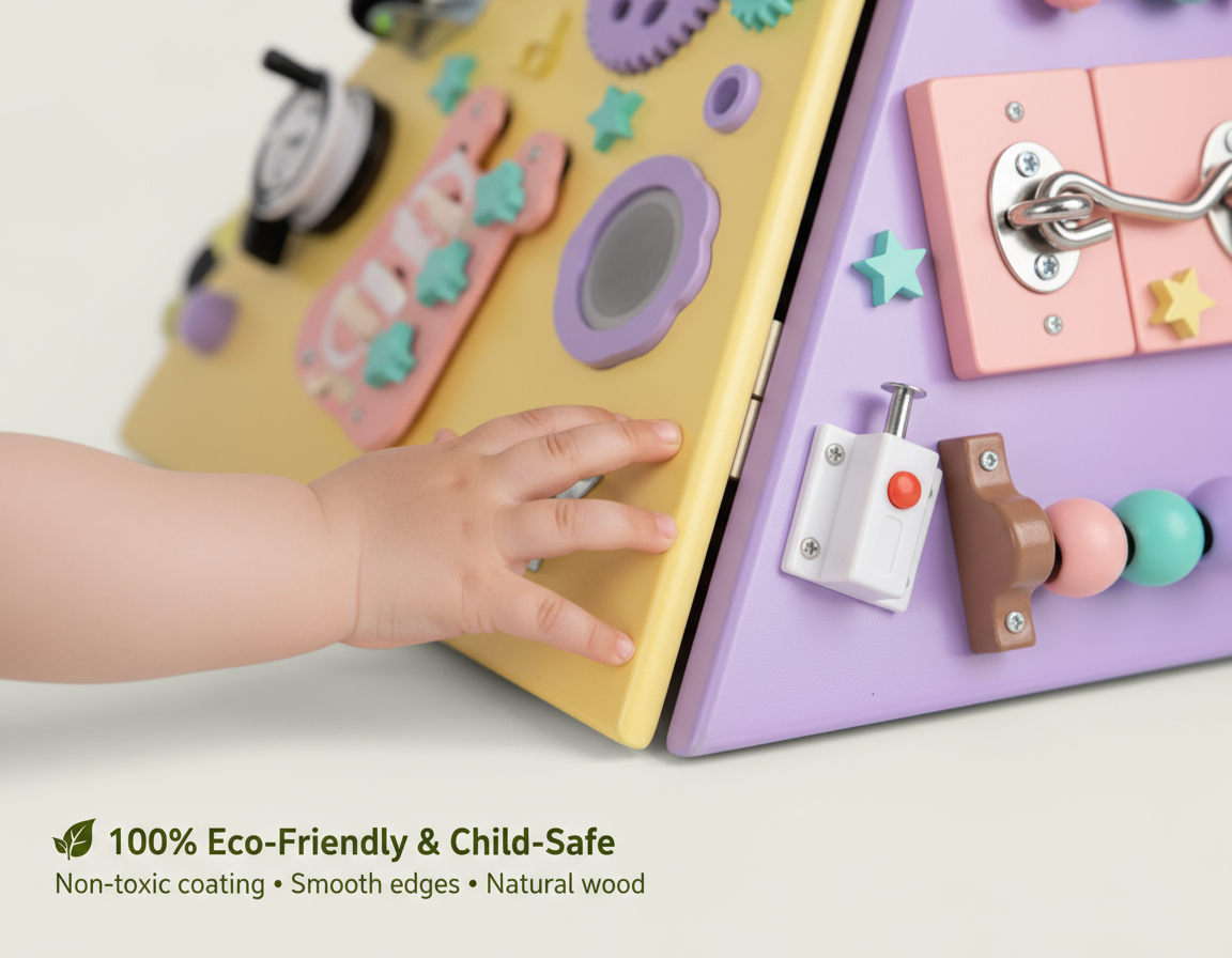 Child's hand interacting with a colorful educational board on a light background, with text indicating eco-friendliness and safety.