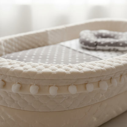 Close-up of a textured beige bassinet with a white mattress and gray blanket.