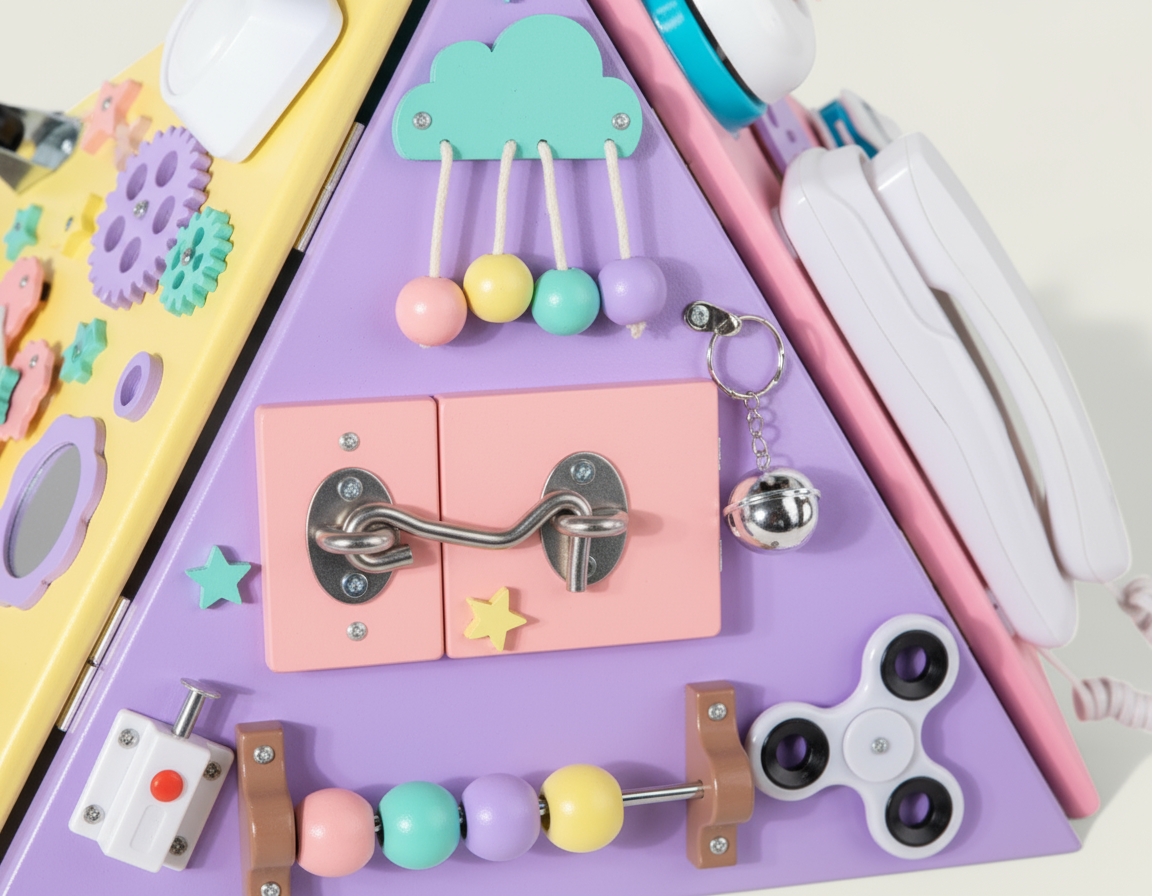 Children's educational toy with various components on a white background