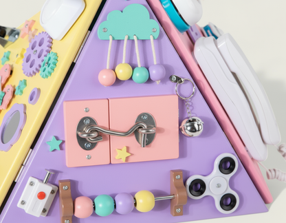 Children's educational toy with various components on a white background