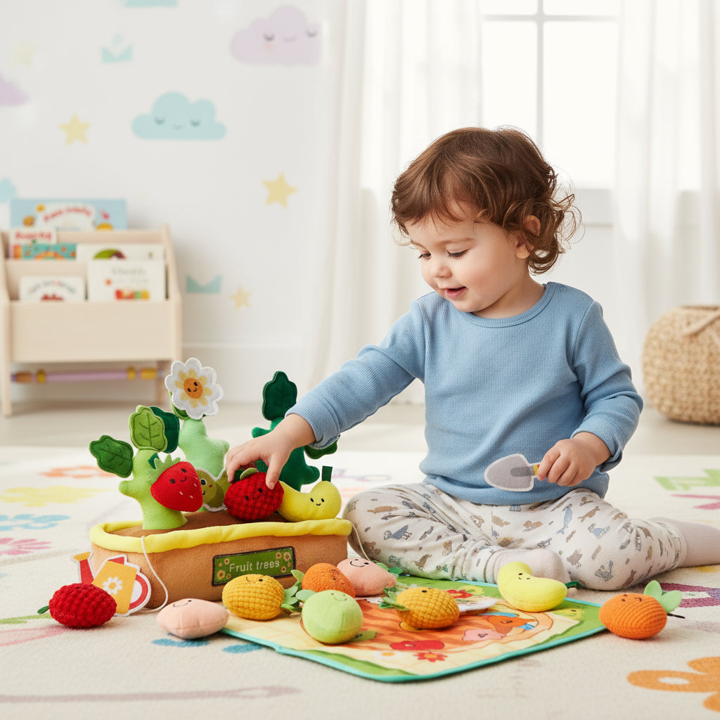 Child playing with a colorful toy set on a mat in a bright room.