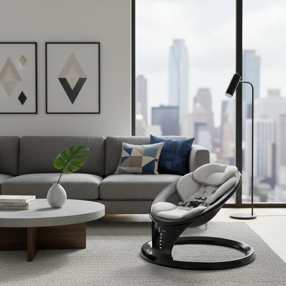 Modern living room with a gray sofa, round coffee table, and a baby seat in front of large windows with cityscape view.