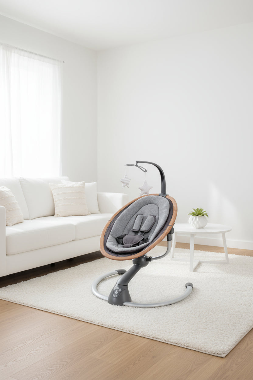 Modern baby swing in a minimalistic living room with a white sofa and light wood floor.