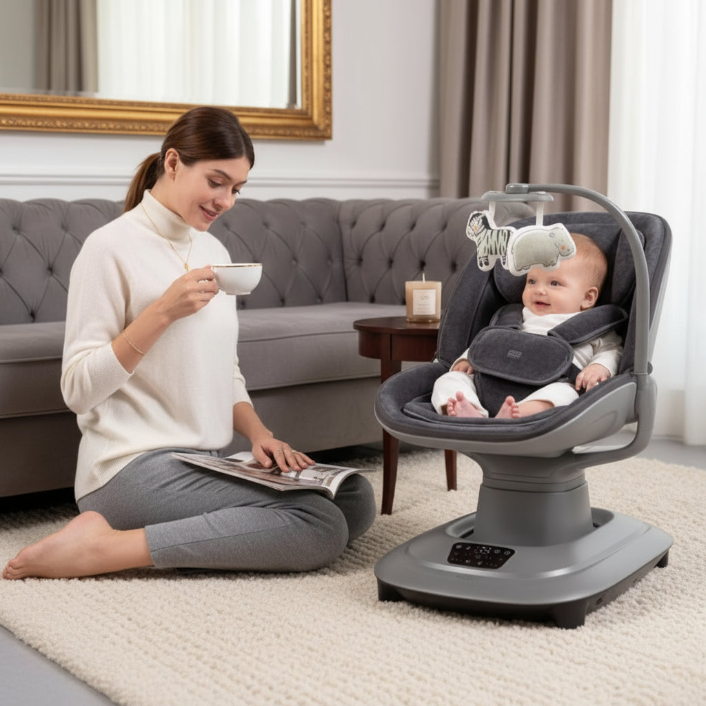 Woman sitting on the floor with a baby in a gray baby seat, reading a magazine.