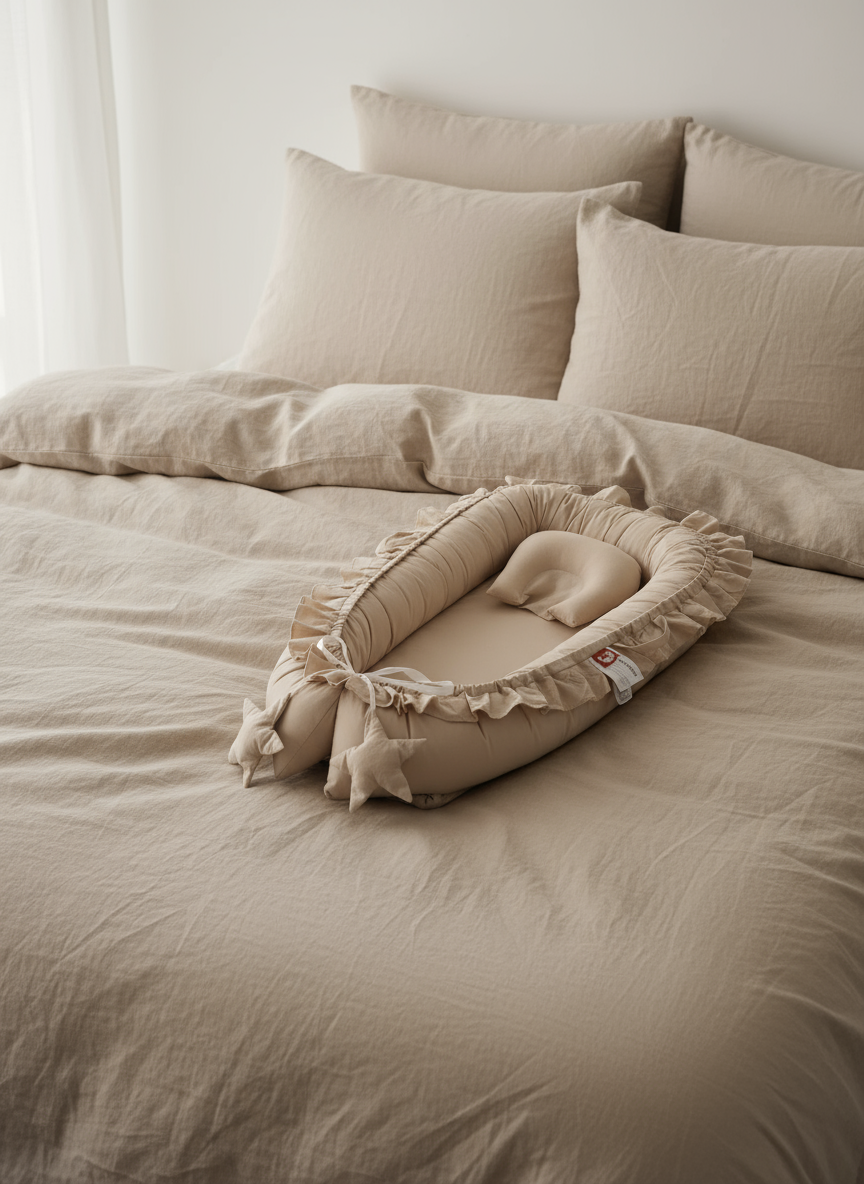 Beige bedding set with pillows and a decorative item on a bed.
