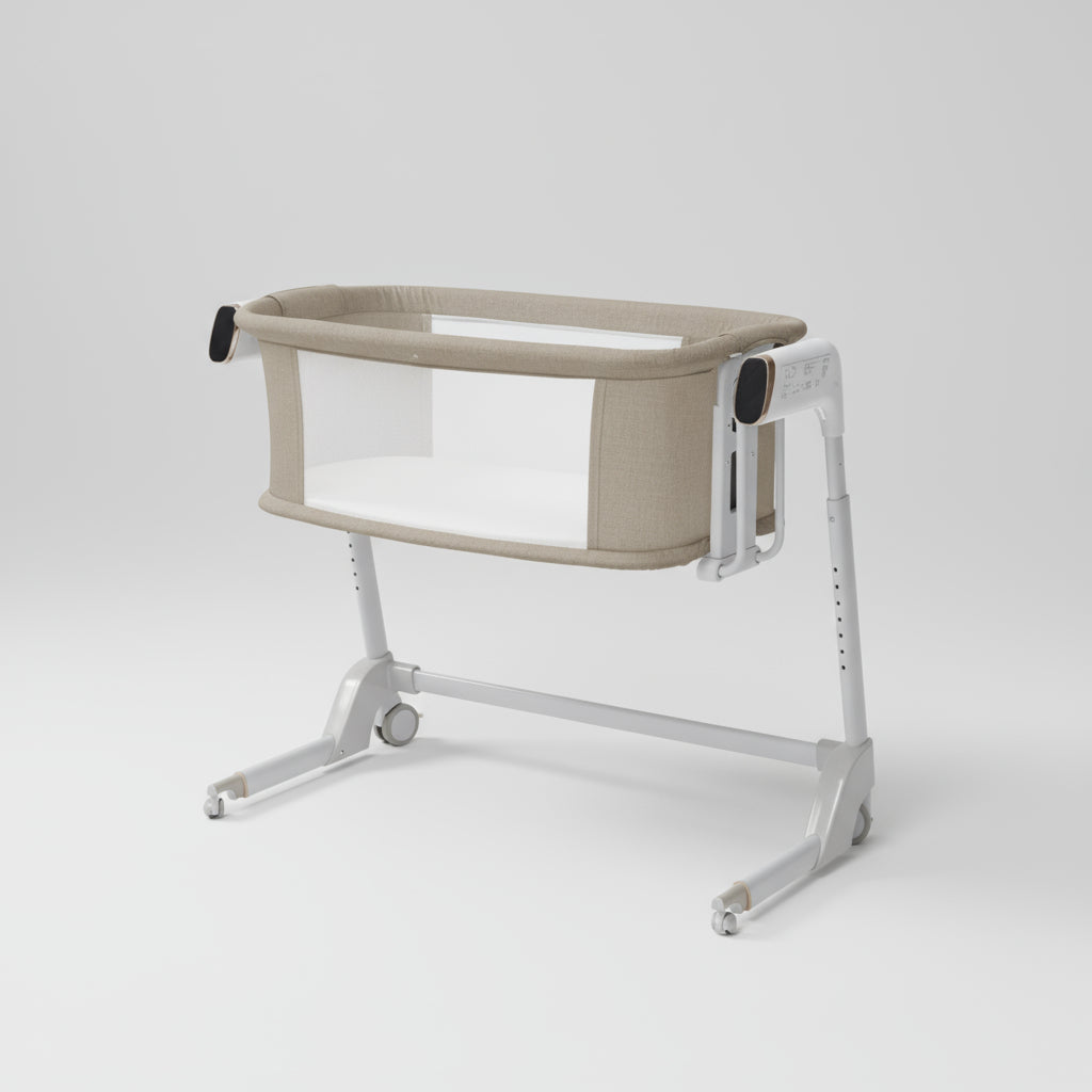Portable baby crib with beige cover on a white background