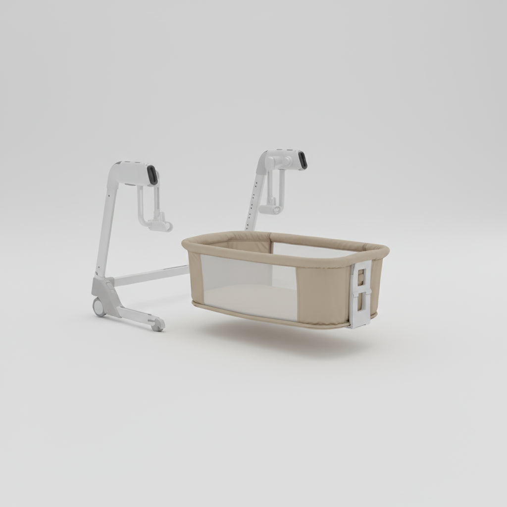 Baby bassinet with beige basket and white frame on a light gray background