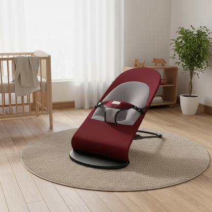 Red baby bouncer in a room with a crib, shelves, and a plant.