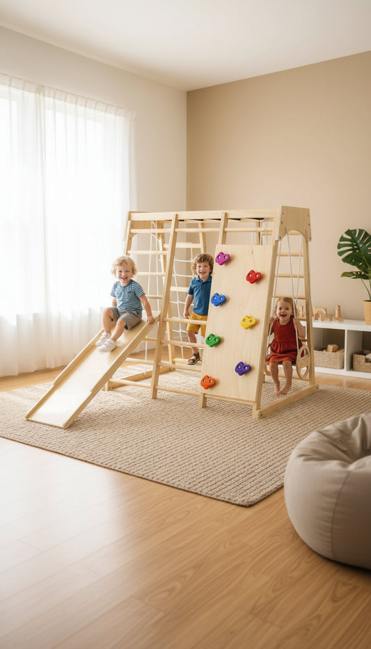 Children playing on a wooden climbing frame with colorful climbing elements in a room with a rug and bean bag chair.
