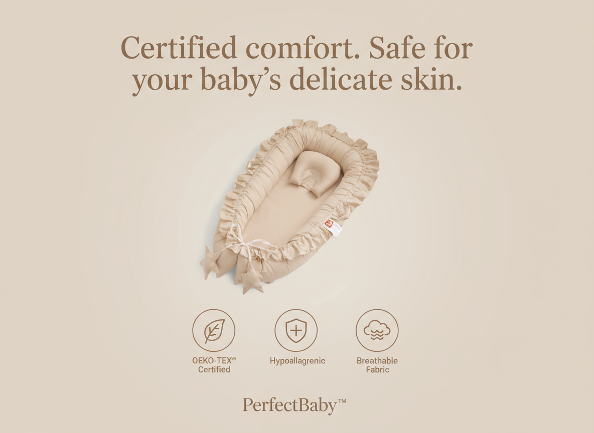 Baby product with text 'Certified comfort. Safe for your baby's delicate skin.