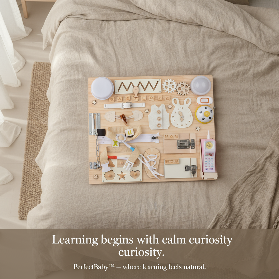 Wooden educational toy on a bed with a neutral color scheme