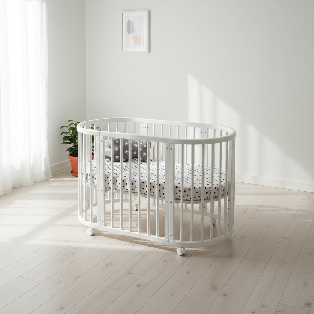 White crib in a bright, minimalistic room with light wood flooring and white walls.