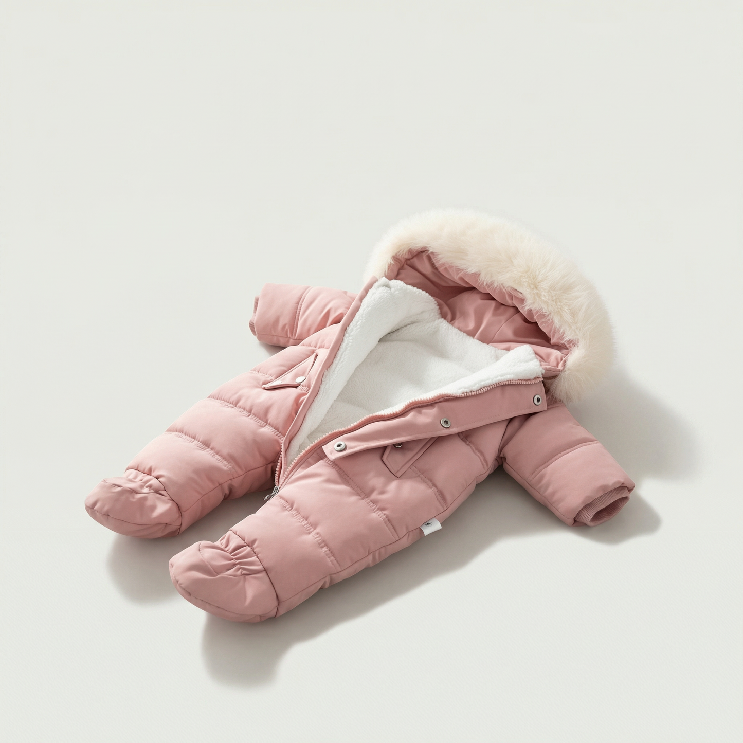 Pink baby snowsuit with white fur trim on a light gray background