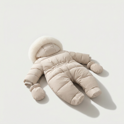 Beige baby snowsuit with a hood on a light gray background