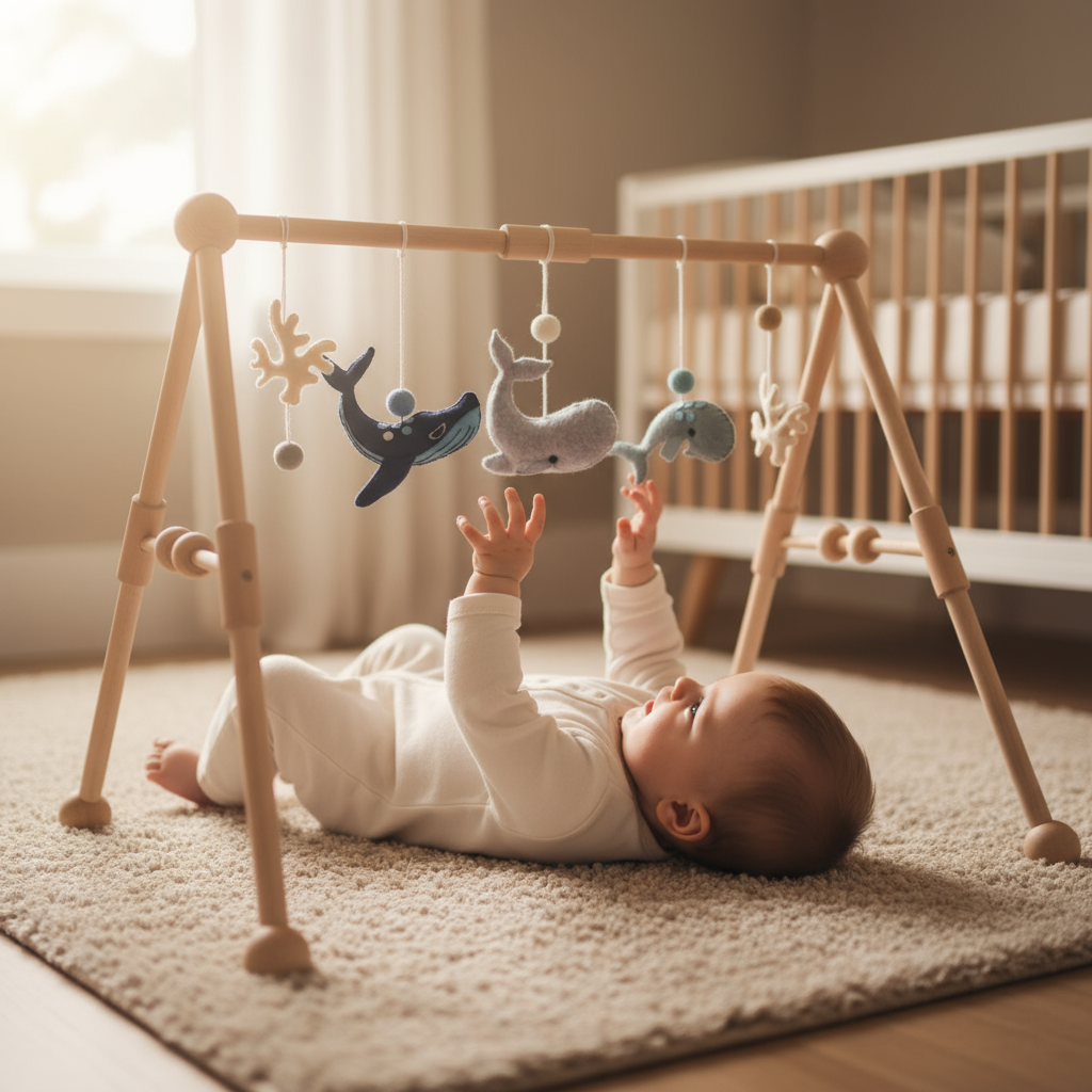 Baby lying on a rug next to a wooden baby gym with hanging toys