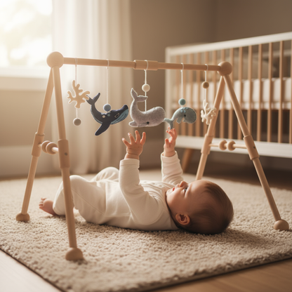 Baby lying on a rug next to a wooden baby gym with hanging toys