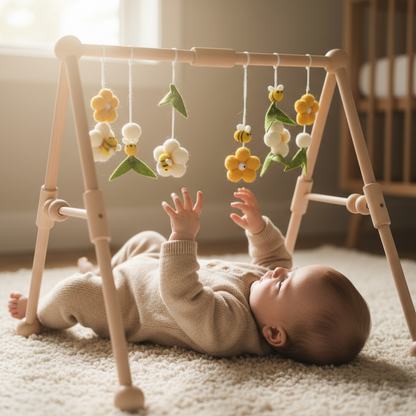 Baby lying on the floor reaching up towards a wooden baby gym with hanging toys.