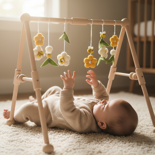 Baby lying on the floor reaching up towards a wooden baby gym with hanging toys.