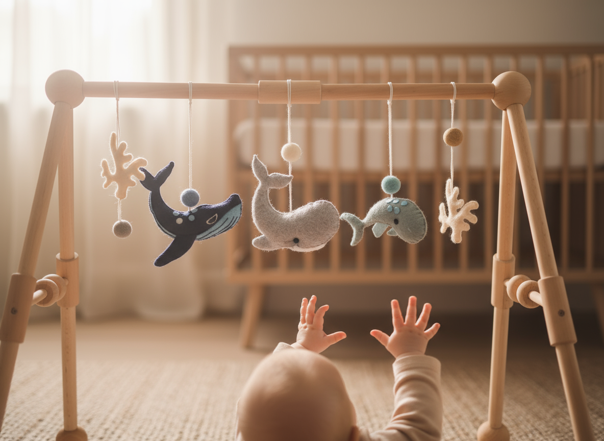Baby reaching towards a wooden crib mobile with whale toys in a nursery.