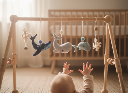 Baby reaching towards a wooden crib mobile with whale toys in a nursery.