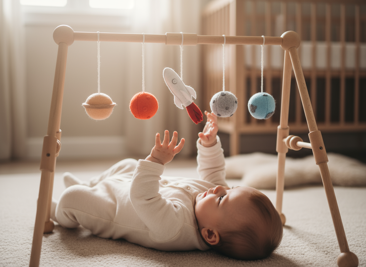 Baby playing with a wooden baby gym in a nursery