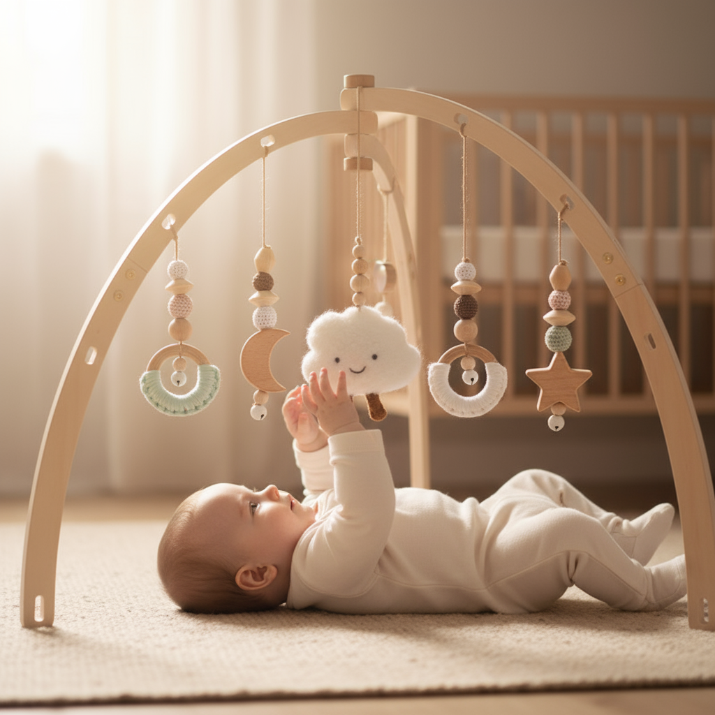 Baby playing with a wooden arch toy in a crib