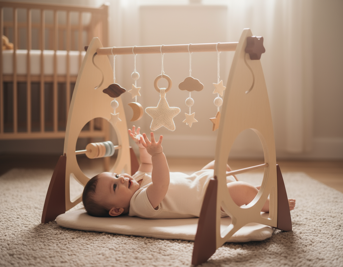 Baby playing with a wooden play gym on a carpeted floor.
