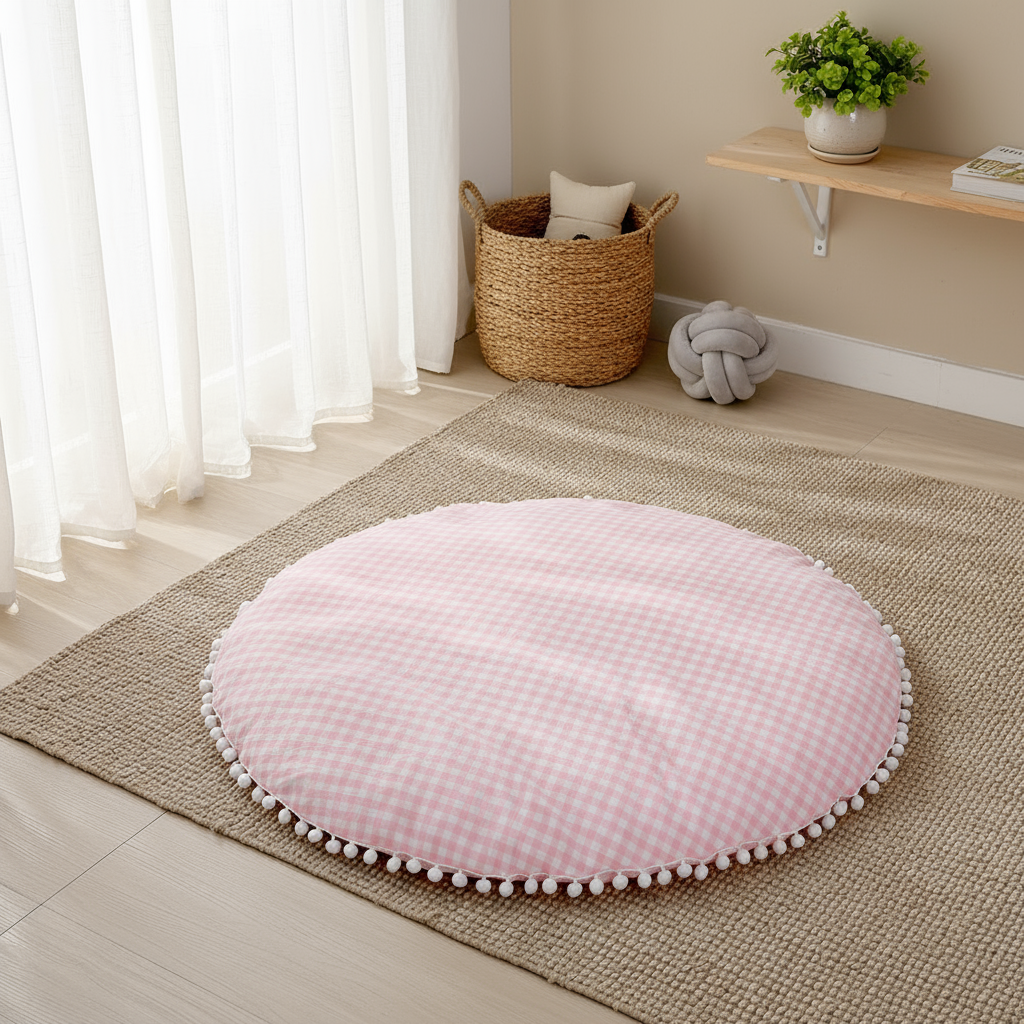 Round pink checkered cushion on a beige rug in a room with white curtains and a wooden shelf.