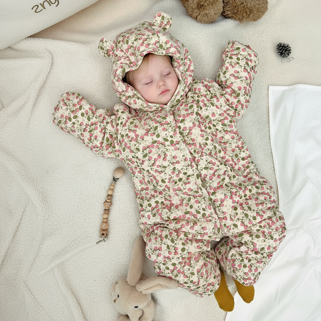 Baby in a floral onesie lying on a soft surface with toys around