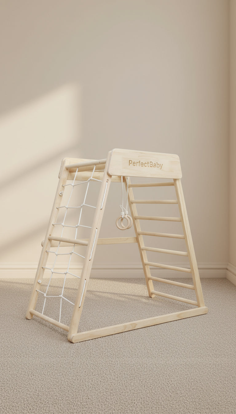 Wooden baby play gym with 'PerfectBaby' branding on a neutral background