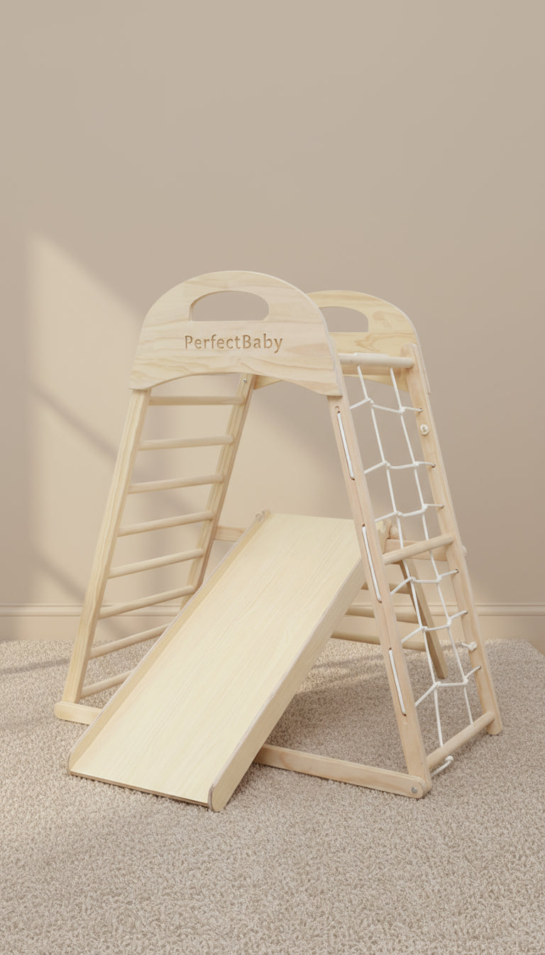 Wooden play structure with slide and ladder on a neutral background